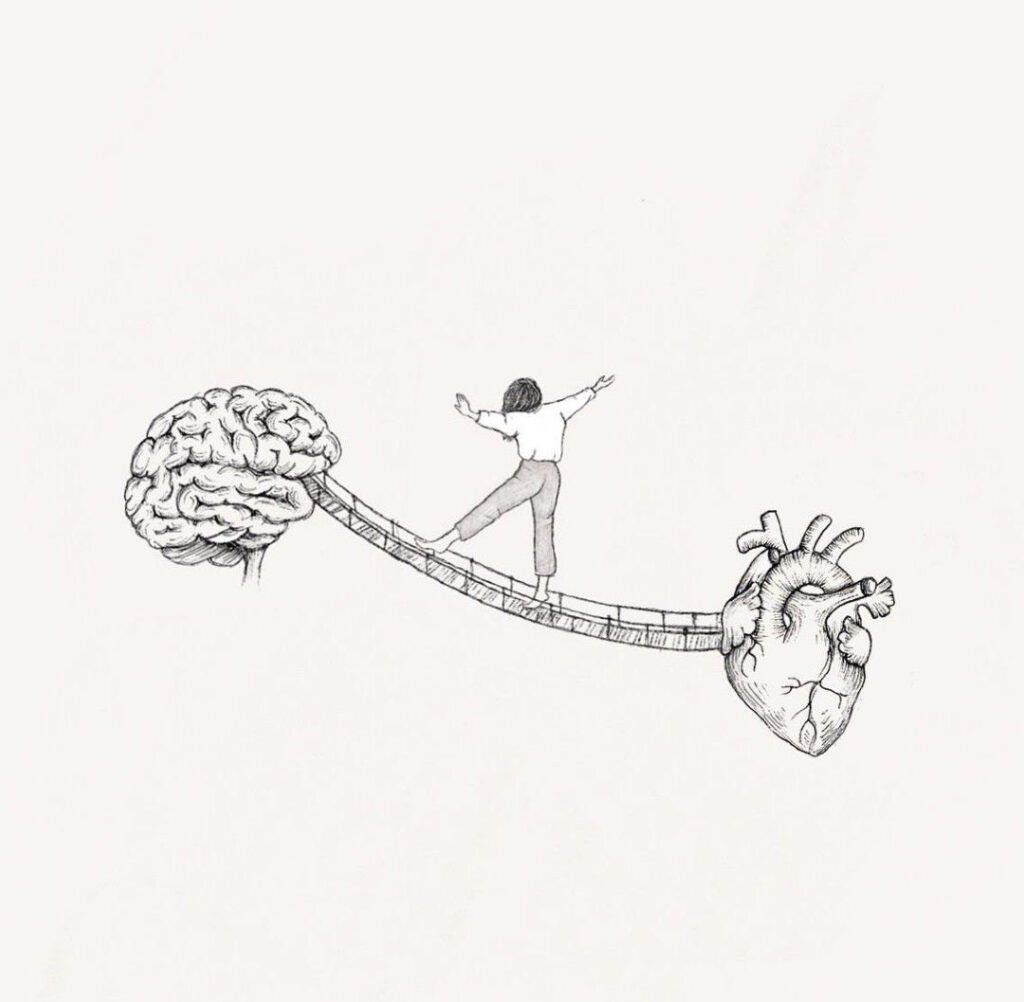 Ilustración de persona caminando entre un cerebro y un corazón